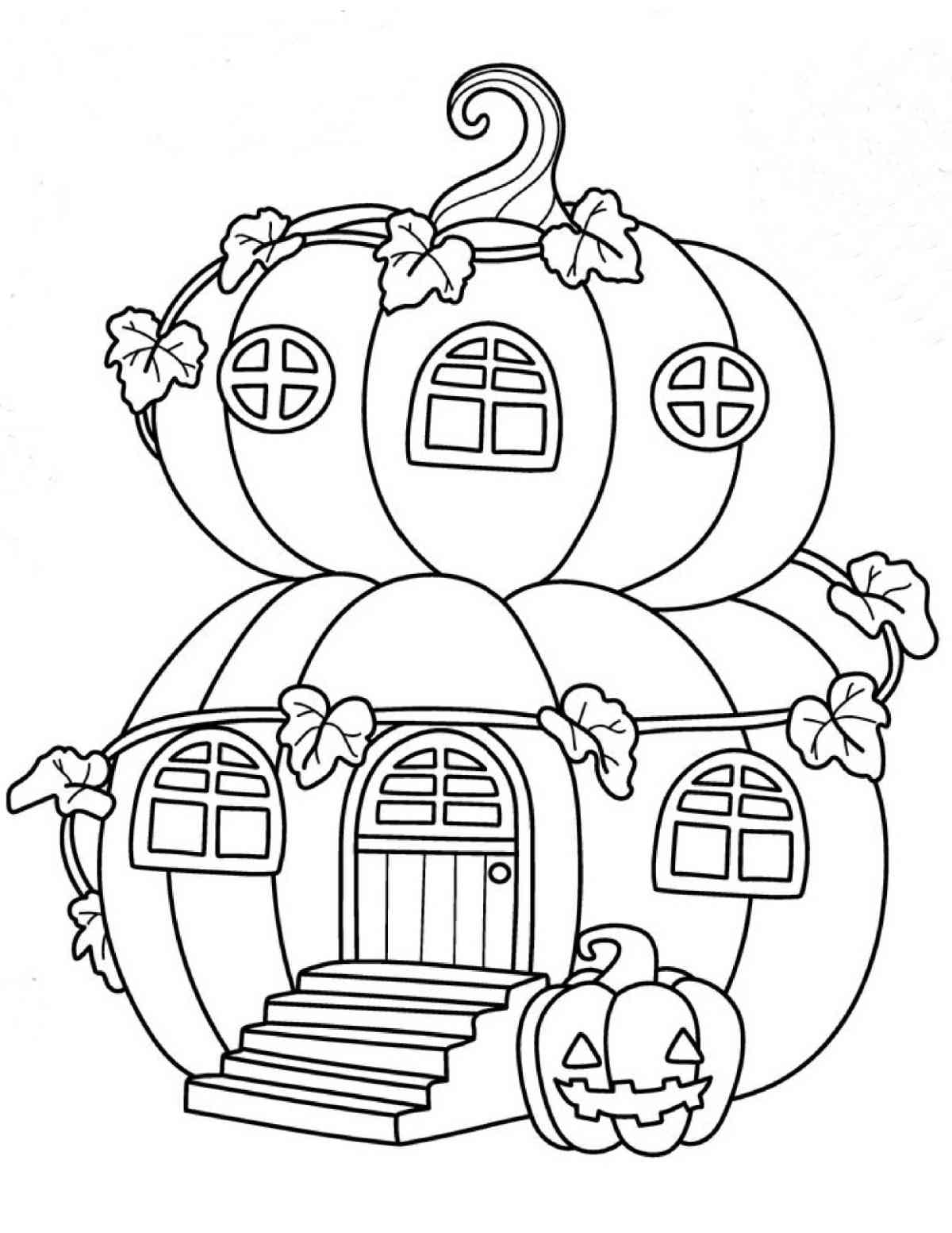Get this Pumpkin Coloring Sheets Free Printable A pumpkin coloring page free printable for fall depicting a two story house made out of pumpkins with a vine wrapping all the way around the house, and a jack o lantern near the front steps.