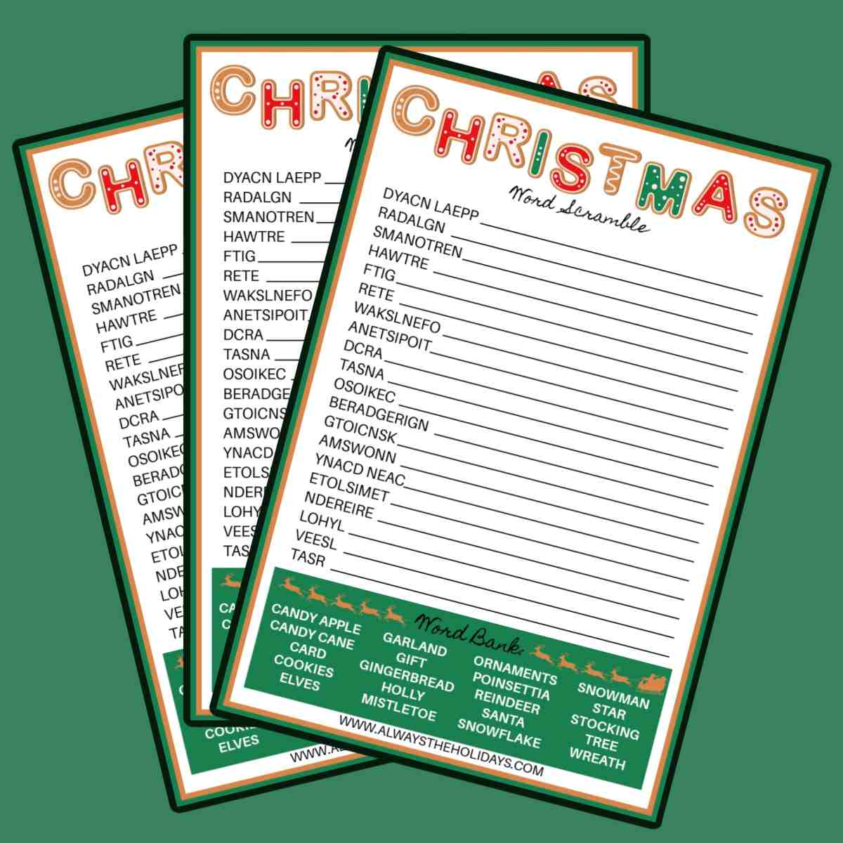 Christmas word scrambles Three free printable Christmas word scrambles fanned out over a green background.