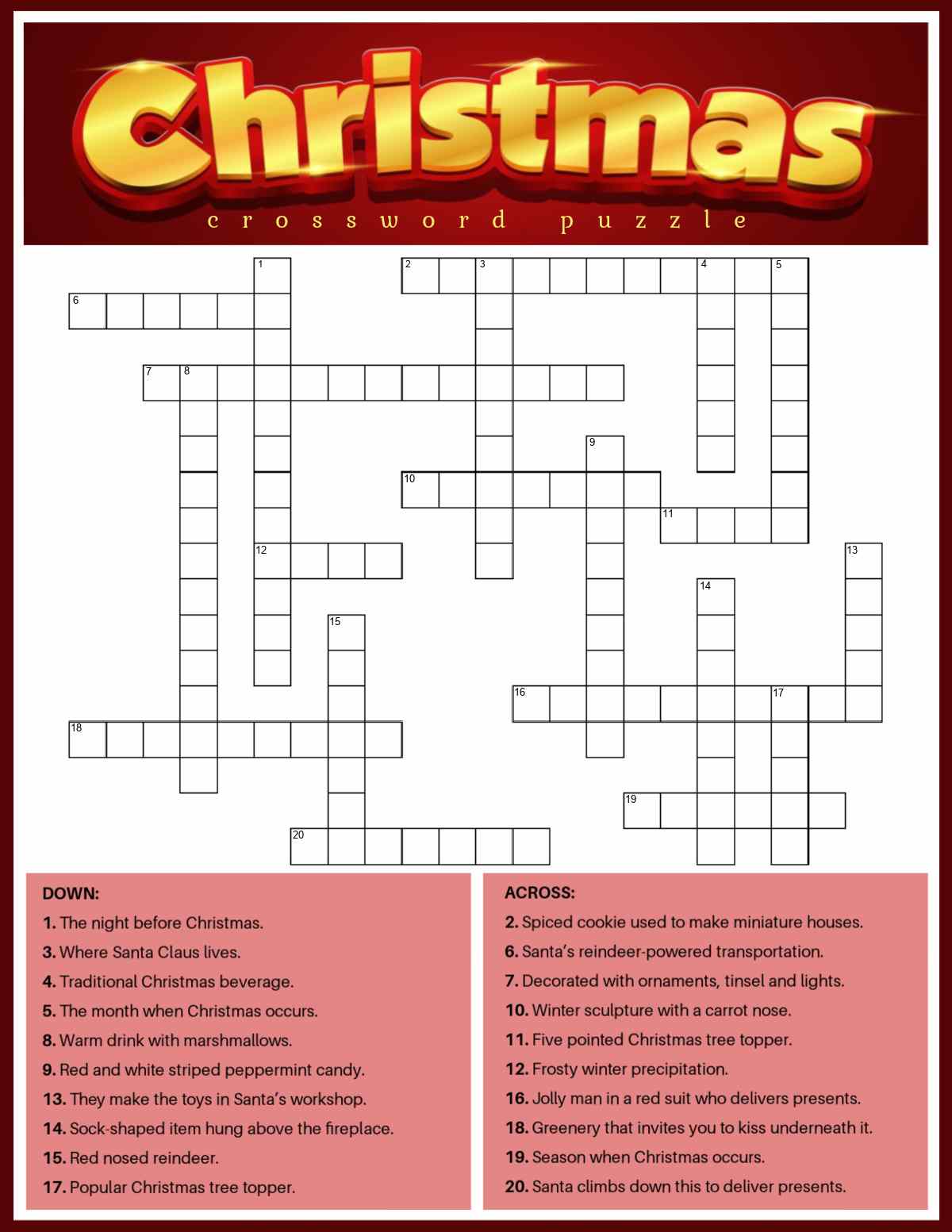 A free Christmas crossword puzzle printable with 20 clues at the bottom, the Christmas puzzle in the center, and a red rectangle with golden text that says Christmas crossword puzzle at the top.