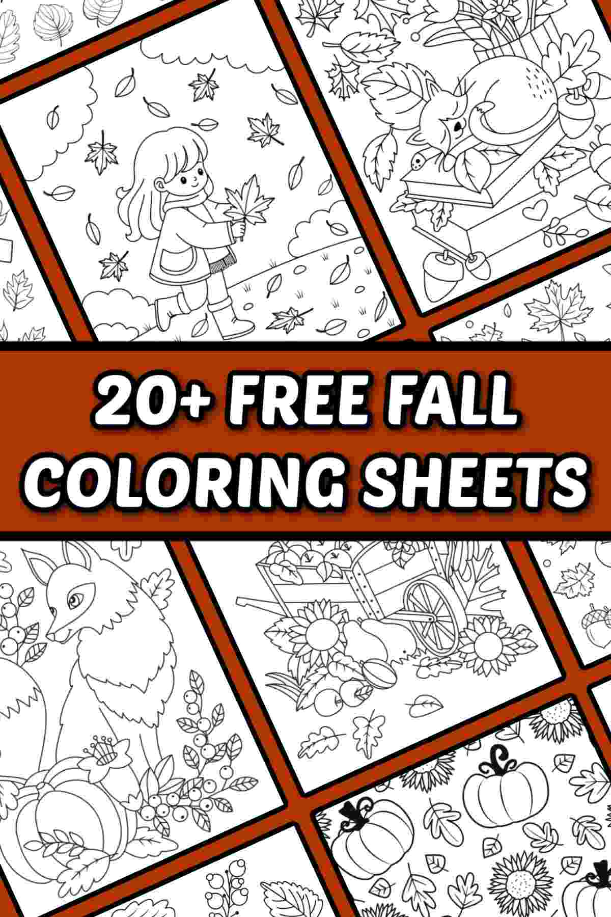 A collage of free printable coloring sheets for fall against a rust red background, with a rectangle running across the images that says 20+ free fall coloring sheets.