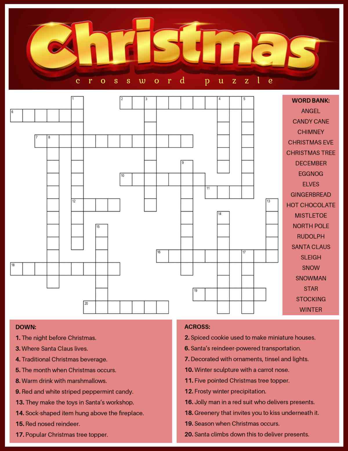 A crossword puzzle for Christmas with 20 clues at the bottom, the free Christmas word puzzle in the center, with a word bank beside it and a red rectangle at the top with gold lettering in it that says Christmas crossword puzzle.