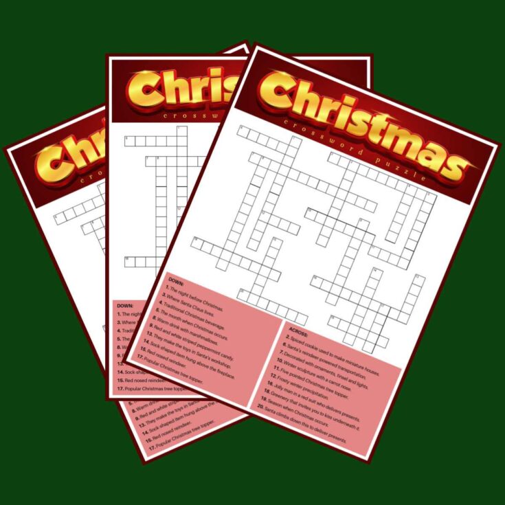 Three free printable Christmas crosswords fanned out across a dark green background.