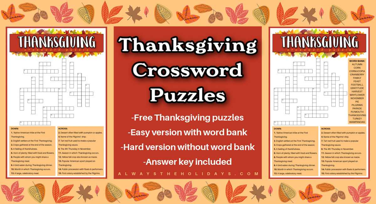 Thanksgiving crossword puzzles Two free printable Thanksgiving crossword puzzles on either side of a dark orange square with a text overlay describing the free Thanksgiving crossword puzzles.
