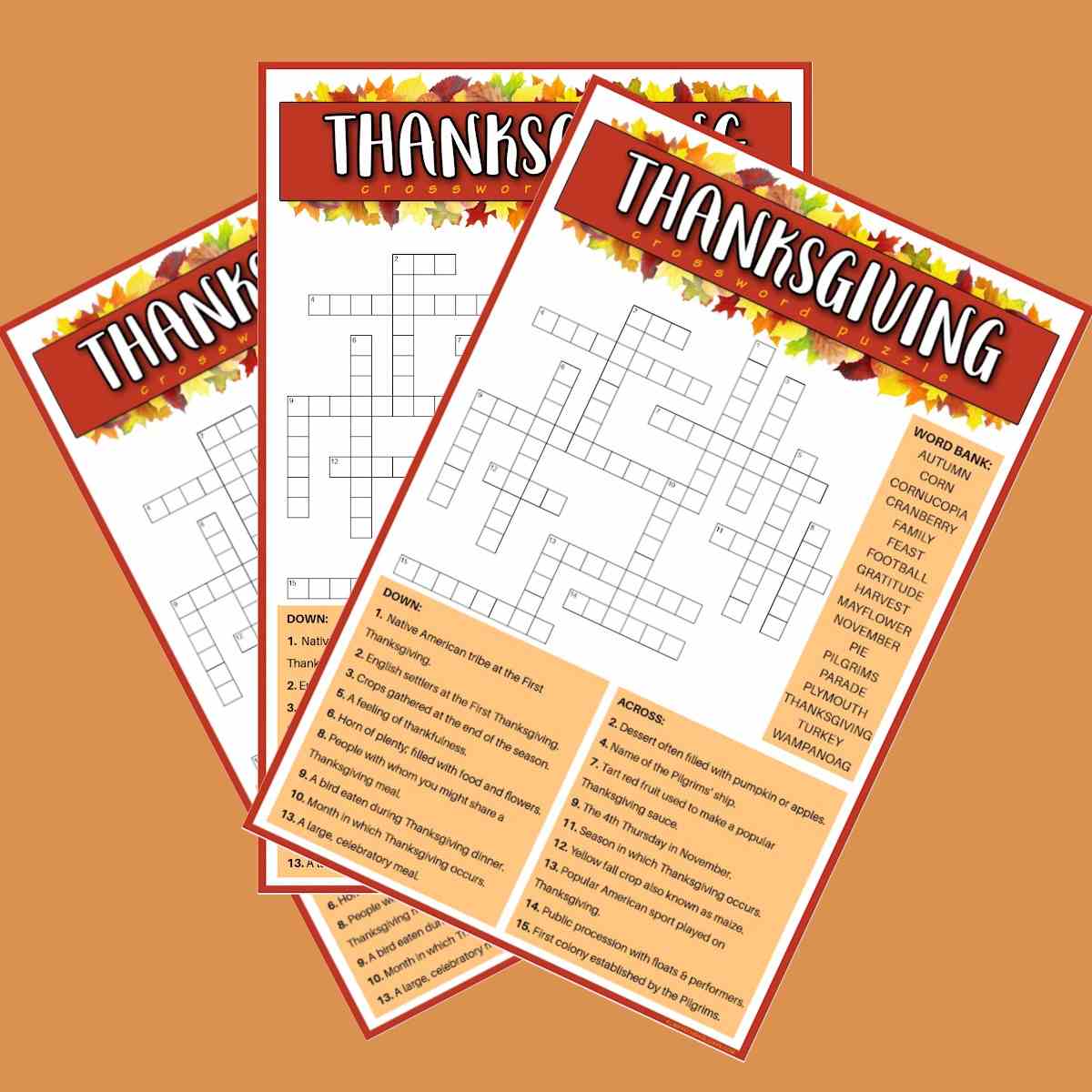 Thanksgiving crosswords Three free printable Thanksgiving crosswords fanned out across a light orange background.