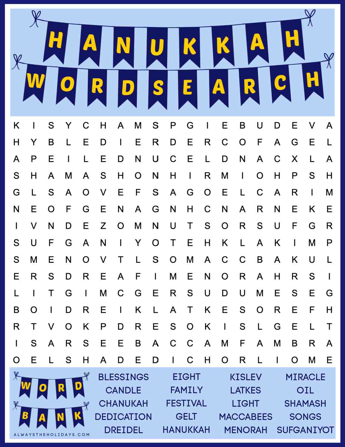 A free printable Hanukkah word search with a word bank at the bottom, the puzzle in the center, and blue bunting banner at the top that says Hanukkah word search in yellow lettering on it.