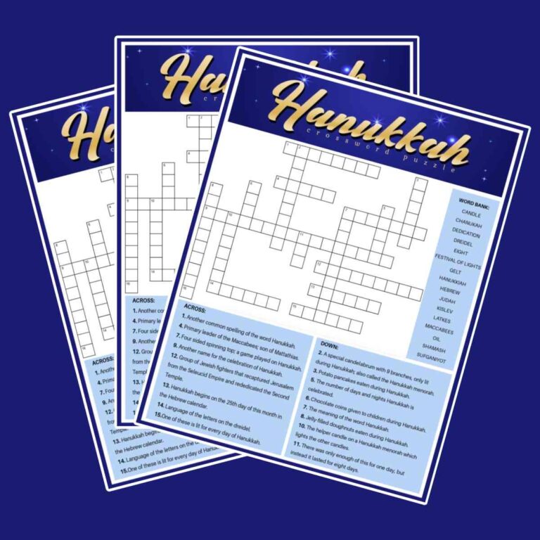 Three free Hanukkah crossword puzzles fanned out on top of each other over a dark blue background.