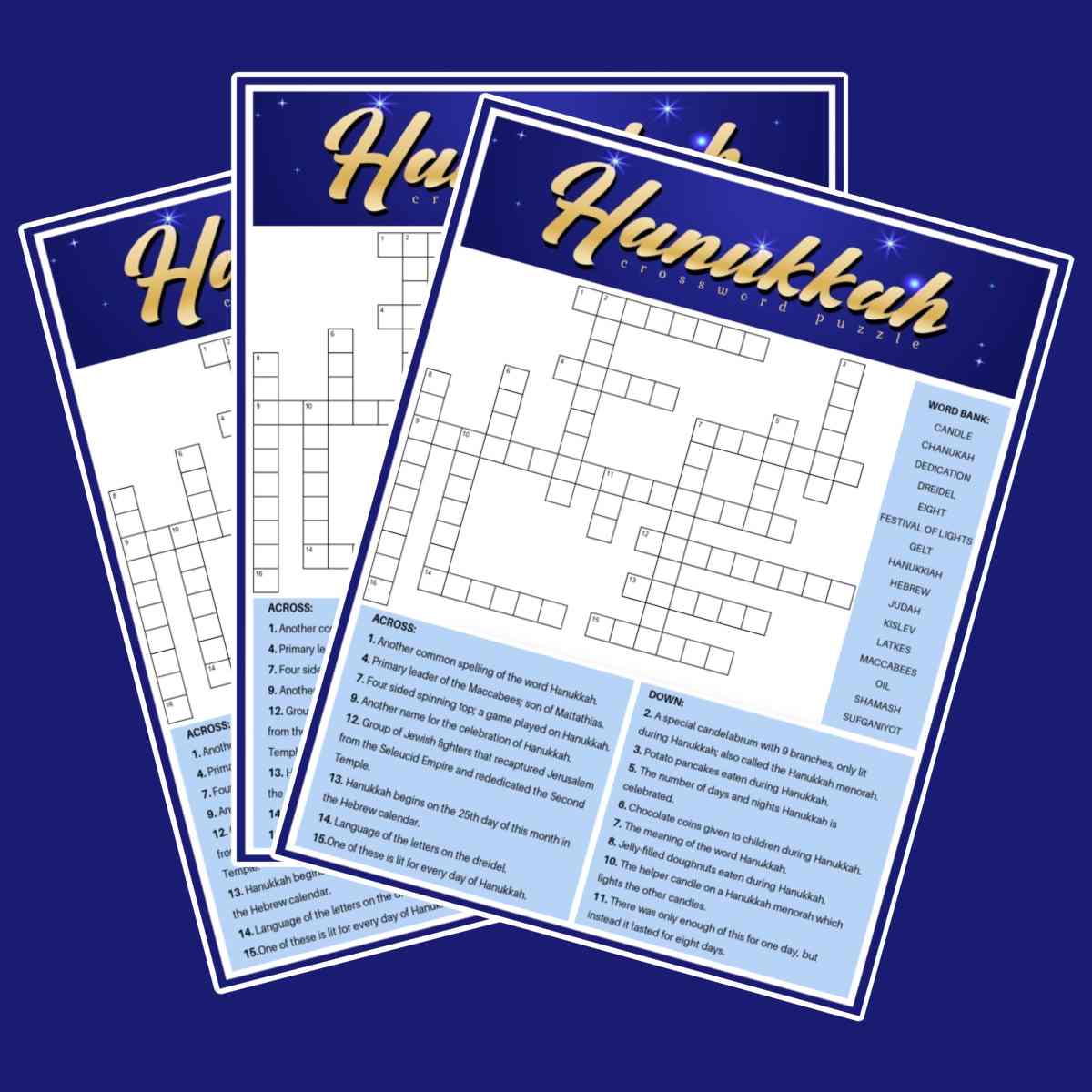 Collage of Hanukkah crossword puzzles Three free Hanukkah crossword puzzles fanned out on top of each other over a dark blue background.