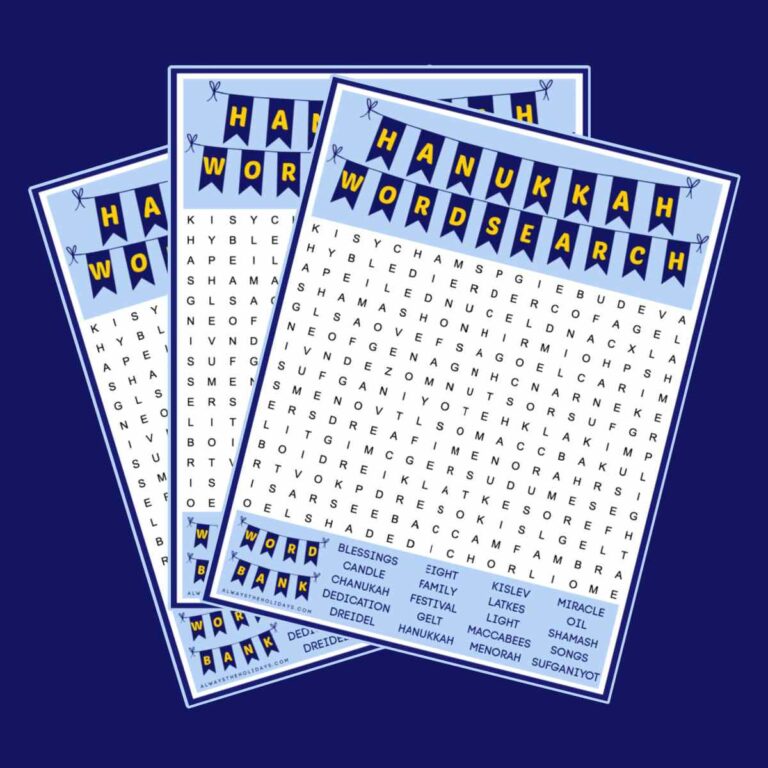 Three Hanukkah word search free printables fanned out on a dark blue background.