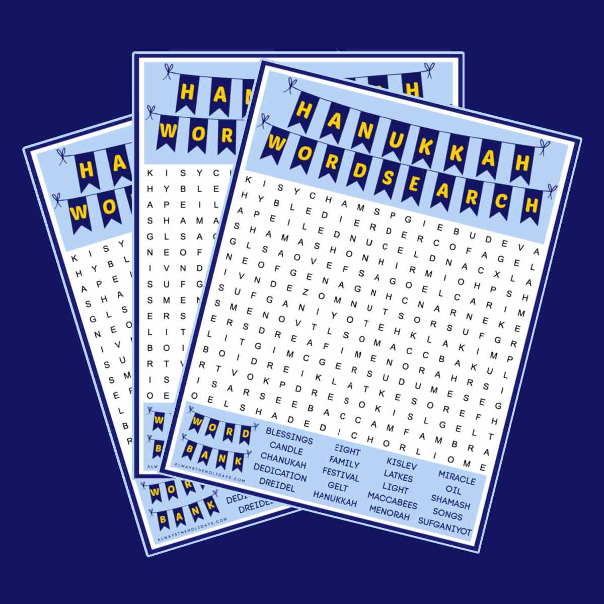 3 Chanukah word searches Three Hanukkah word search free printables fanned out on a dark blue background.