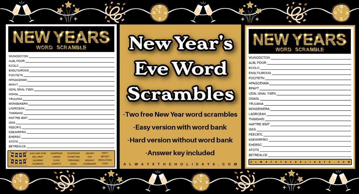 New Year's word scrambles collage A collage with two Happy New Year's printable word scrambles flanking a gold box with a white text overlay that says New Year's Eve word scrambles.