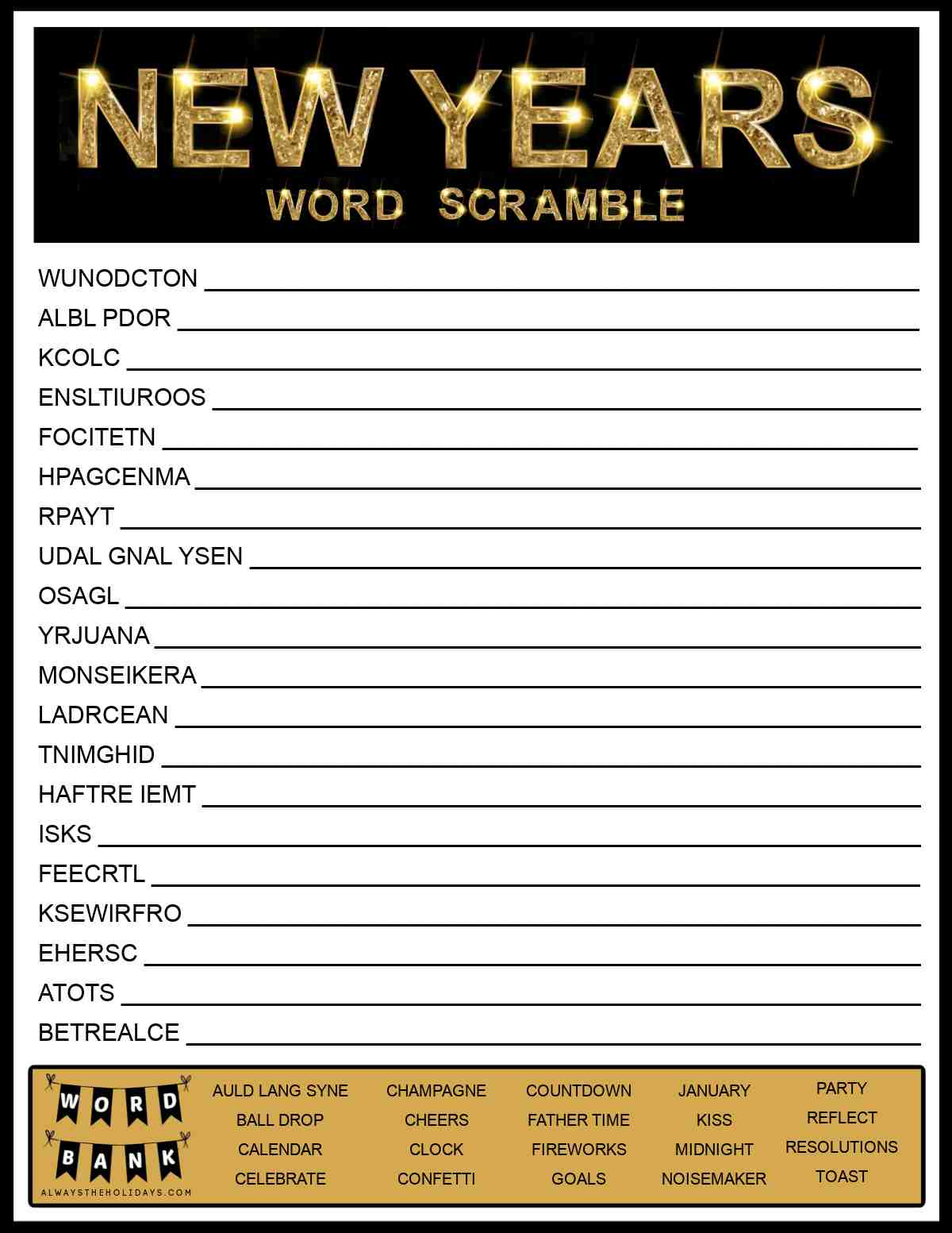A New Year word scramble with a word bank at the bottom, the word jumble in the center, and a sparkly gold text overlay at the top that says New Years word scramble.