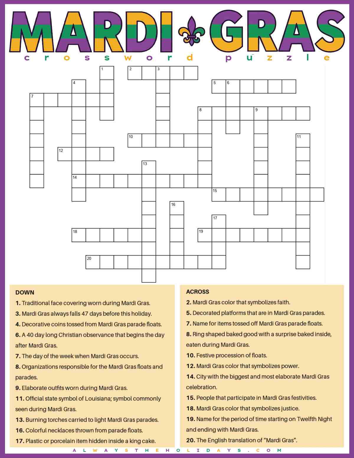 A free Mardi Gras printable with a text overlay in striped lettering that says Mardi Gras crossword puzzle at the top, the word puzzle in the center, and the clues at the bottom in two yellow boxes.