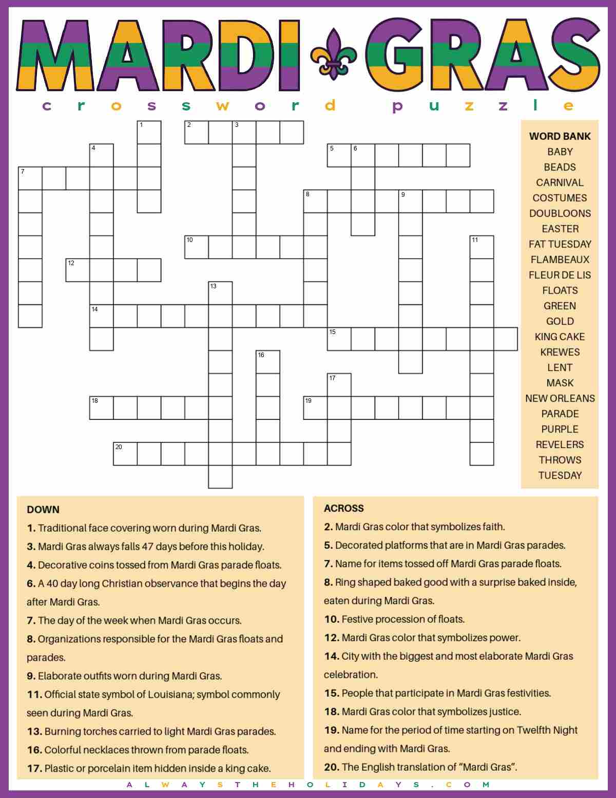 A free Mardi Gras crossword puzzle printable with clues at the bottom in yellow boxes, a crossword puzzle in the center, with a word bank to the right of it, and a text overlay that says Mardi Gras crossword puzzle in multicolored purple, green and gold lettering.