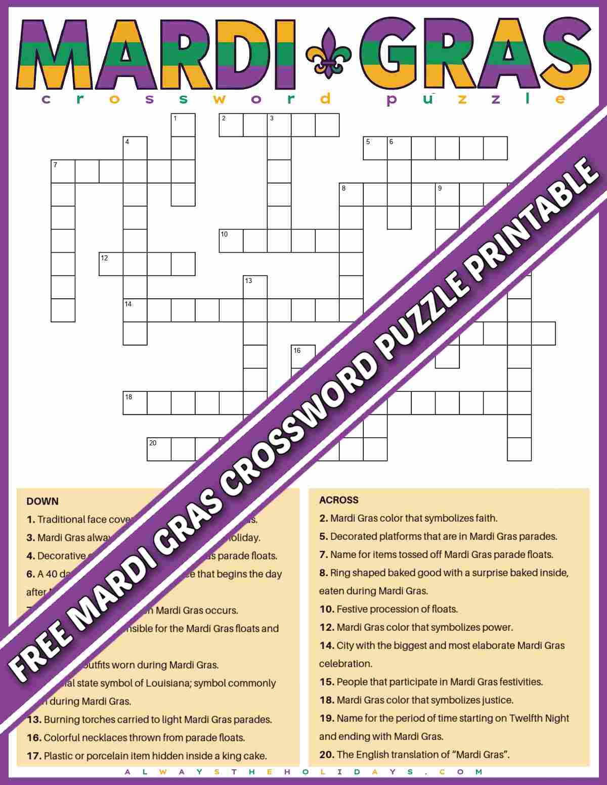 Get a Free Mardi Gras Crossword Puzzle Printable A Mardi Gras word puzzle, with a purple banner running across it with white text that says free Mardi Gras crossword puzzle printable.