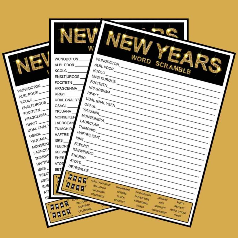 Three New Year's word scrambles with word banks fanned out across a light gold background.