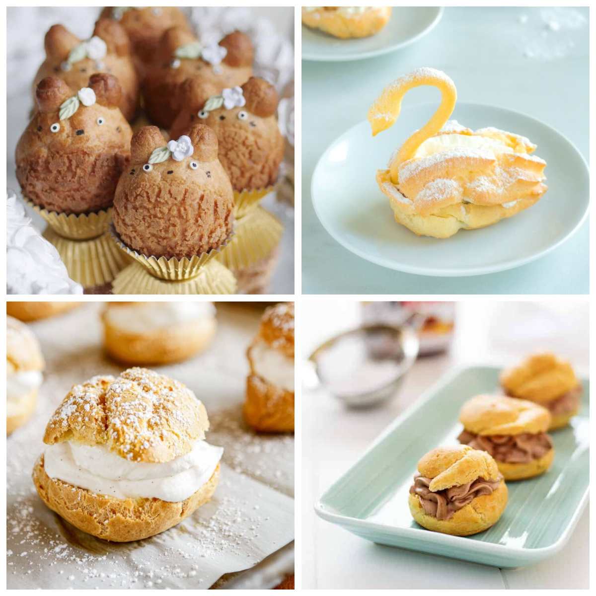 Cream puff recipes A collage of four easy cream puff recipes for National Cream Puff Day. From the top left going clockwise they are Totoro earl grey cream puffs, a swan cream puff, nutella cream puffs and a giant German cream puff.