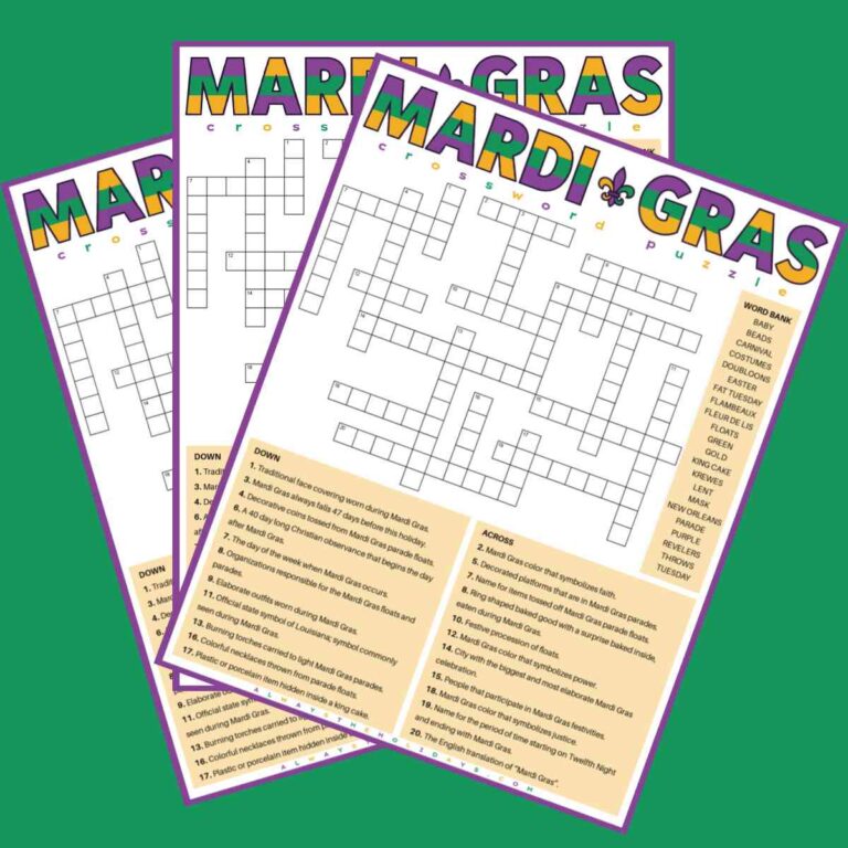 Three Mardi Gras crosswords with a word bank fanned out across a green background.