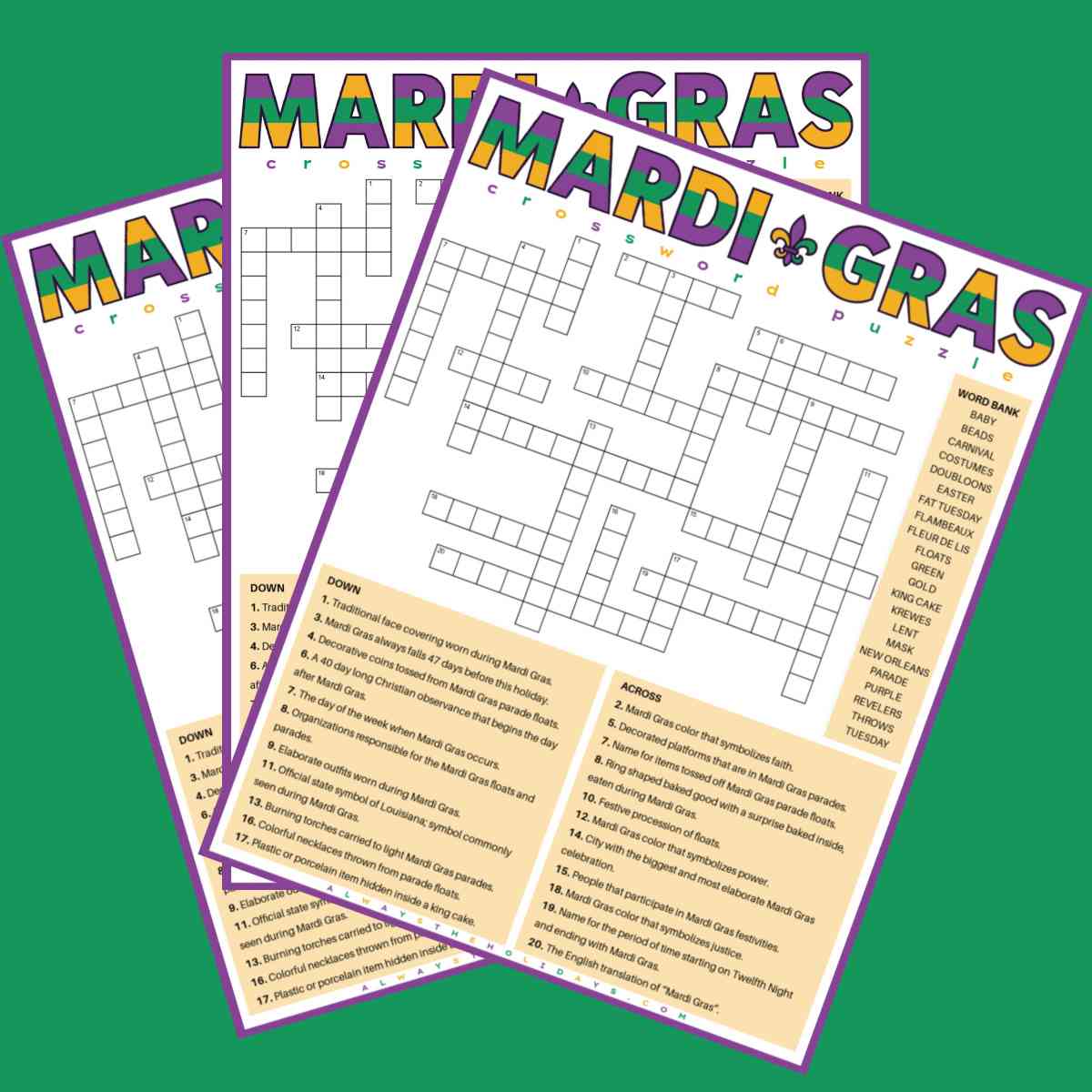 Three Mardi Gras crosswords Three Mardi Gras crosswords with a word bank fanned out across a green background.