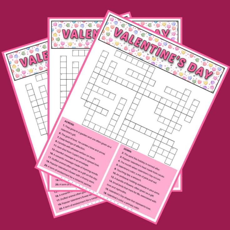 Three free printable Valentine's crosswords fanned out across a deep pink background.