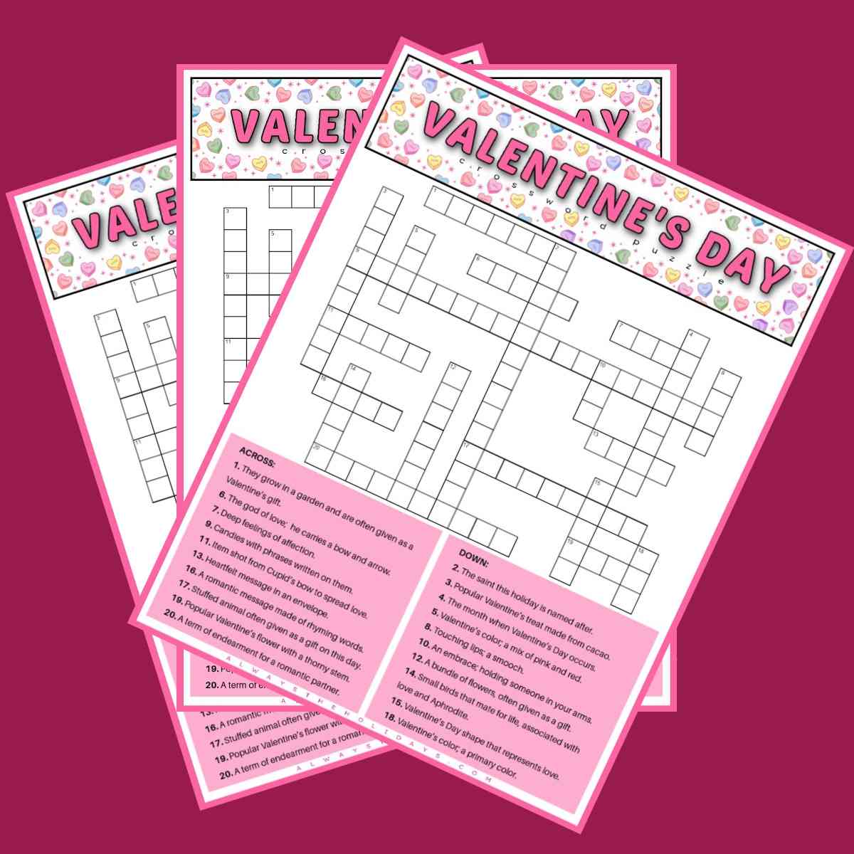 Three Valentine's crosswords Three free printable Valentine's crosswords fanned out across a deep pink background.