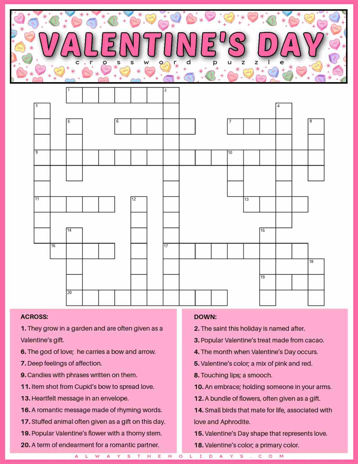 A free printable Valentine's Day crossword puzzle with the clues at the bottom, the Valentine's Day word puzzle in the center, and a text overlay that says Valentine's Day crossword puzzle at the top, in a box filled with conversation hearts.
