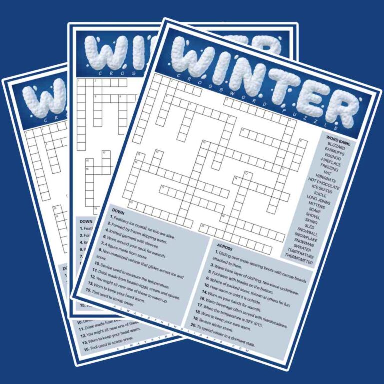 Three free printable winter crossword puzzles with word banks fanned out across a navy blue background.