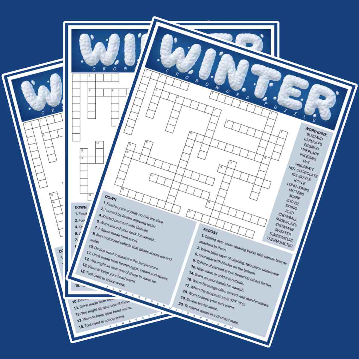 Three free printable winter crossword puzzles with word banks fanned out across a navy blue background.
