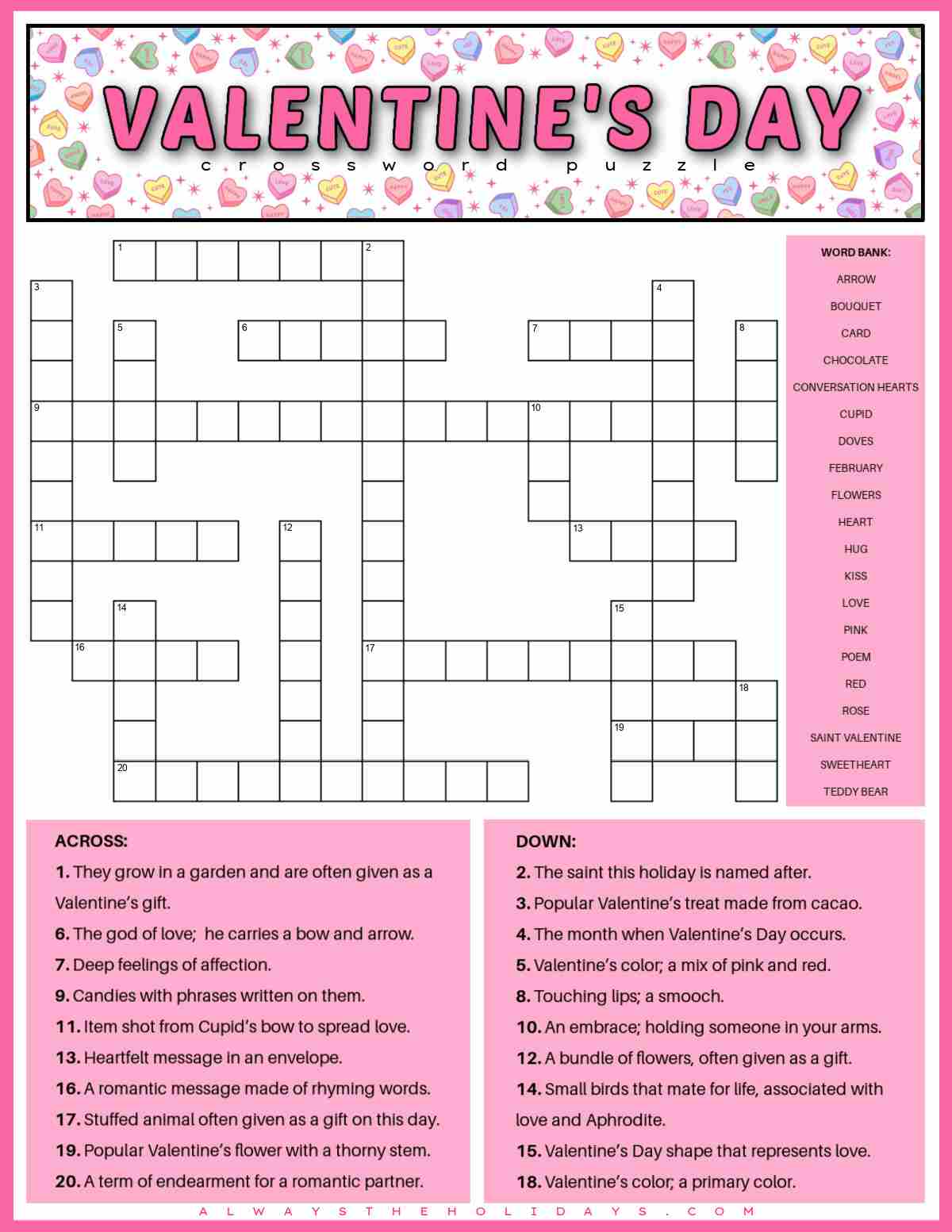 A free Valentine's crossword puzzle printable with the clues at the bottom, the crossword in the center with a word bank to the right of it, and a text overlay that says Valentine's Day crossword puzzle in pink lettering above the puzzle in a white box filled with conversation hearts.