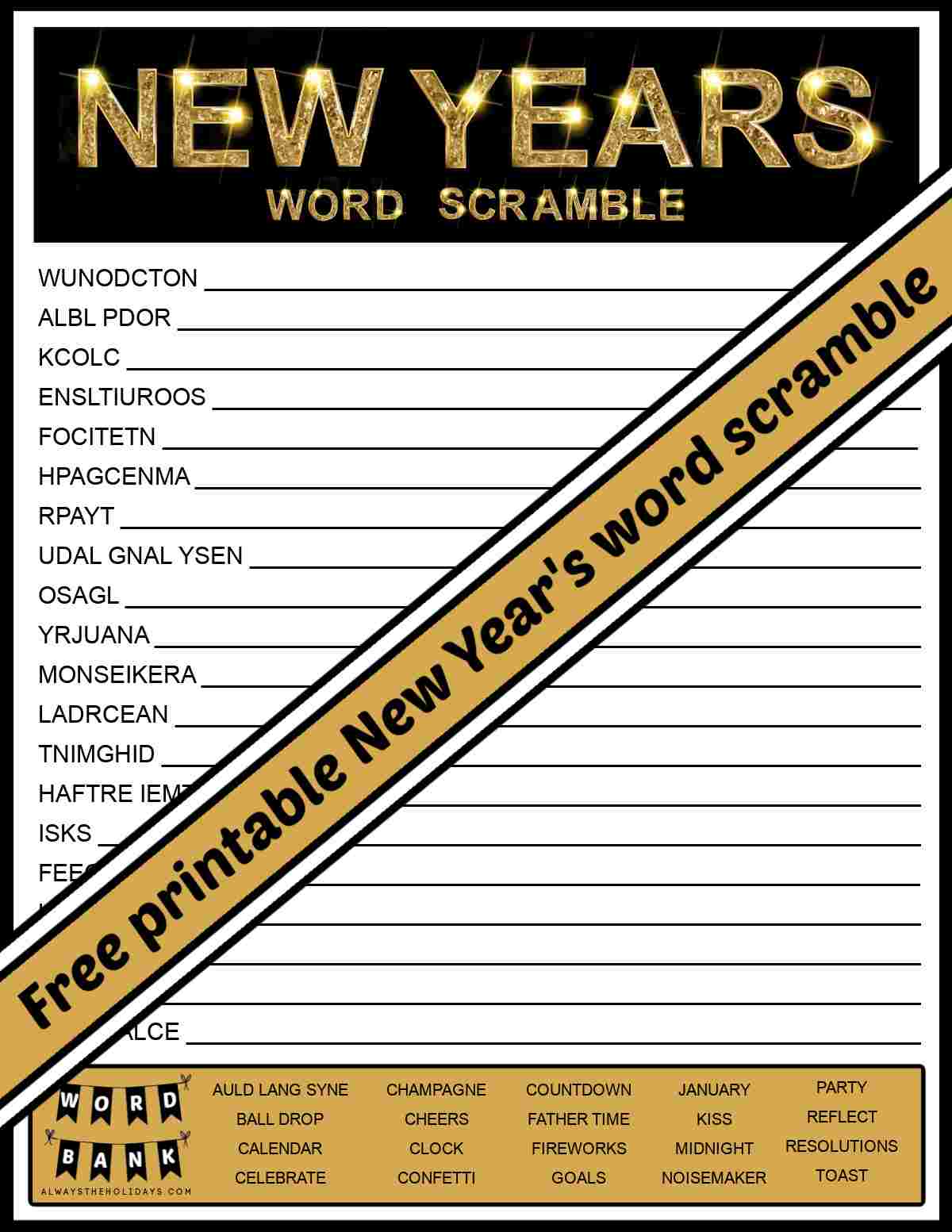 Get a Free Printable New Year's Word Scramble with Answers A yellow banner with black text that reads free printable New Year's word scramble running diagonally across a Happy New Year word scramble with a word bank at the bottom.