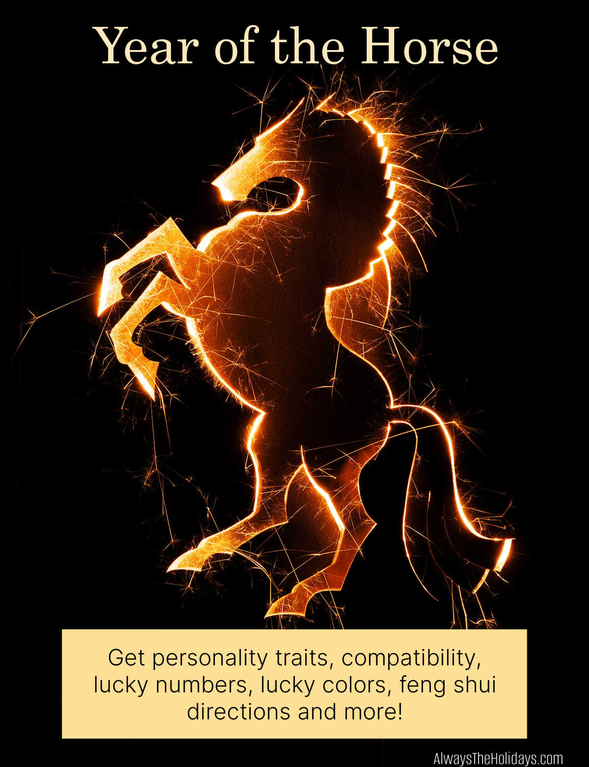 Learn About The Year of the Horse A golden horse on a black background signifying the Year of the Horse.
