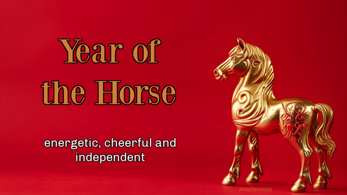 Year of the Horse A golden horse on a red background with text reading Year of the horse - energetic, cheerful and independent.