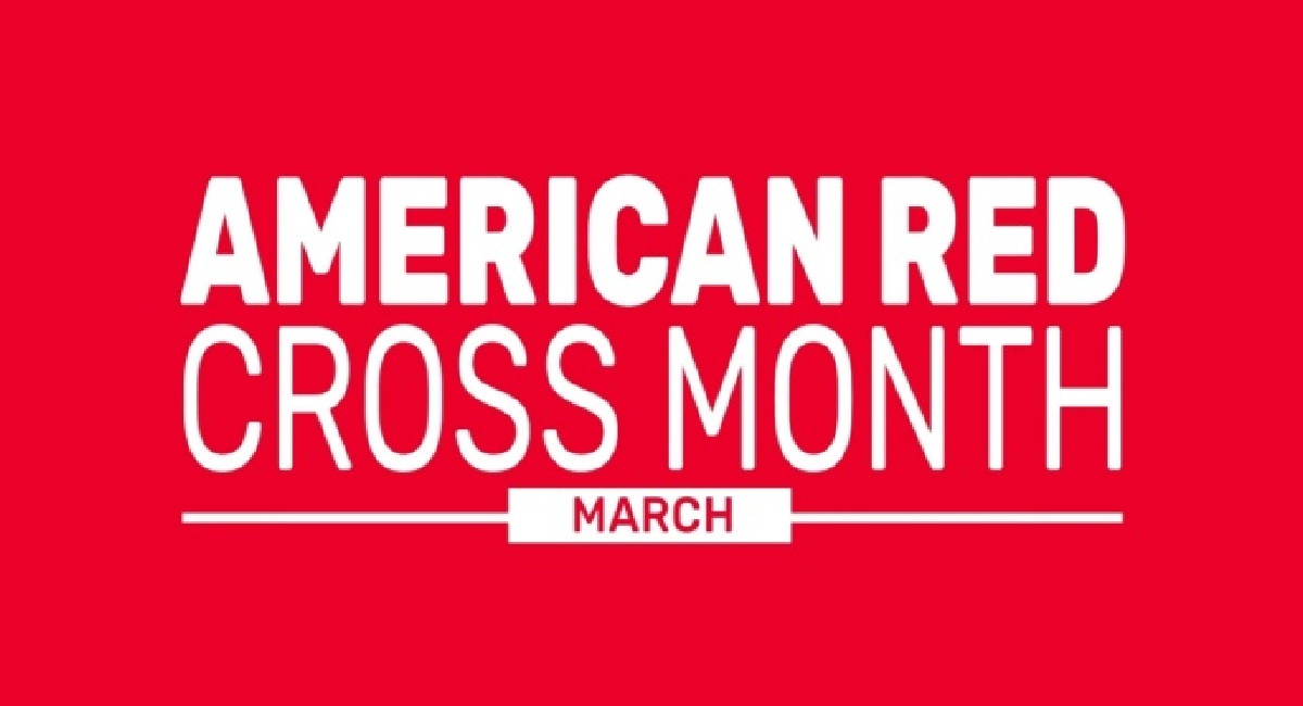 A red background with text that says American Red Cross Month March in white lettering.