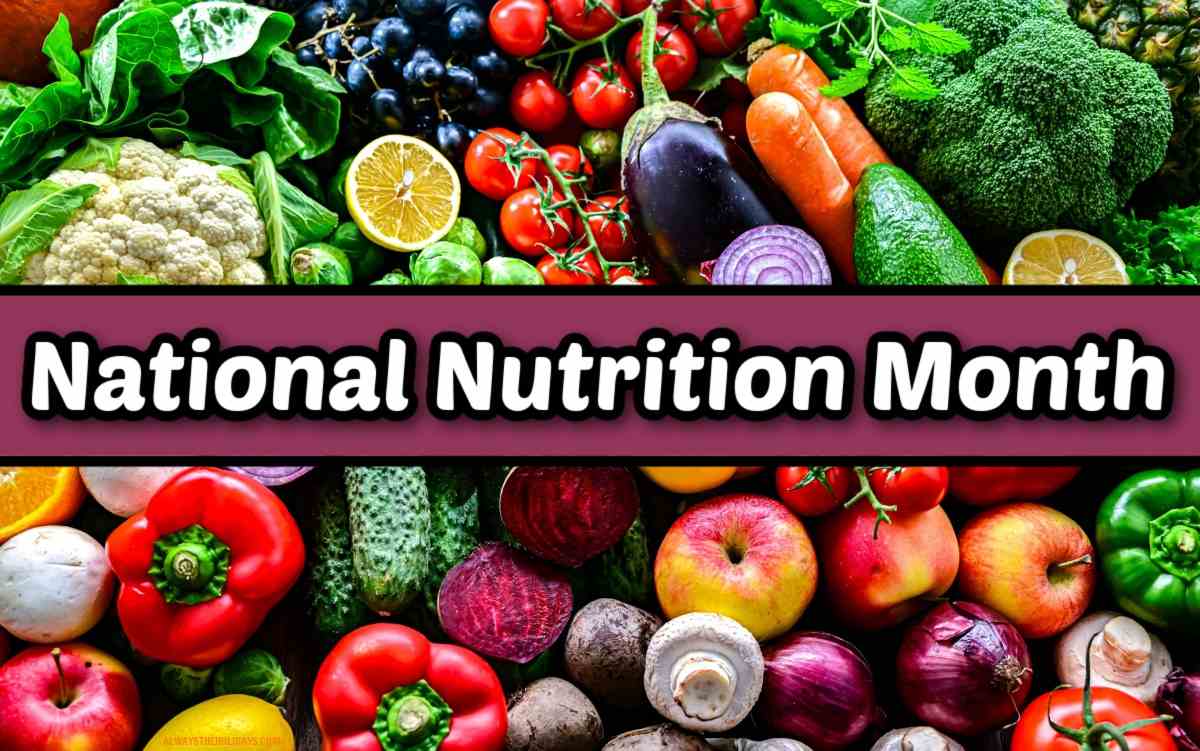 A full array of vegetables with a dark brown rectangle across the center with a text overlay that says National Nutrition Month.