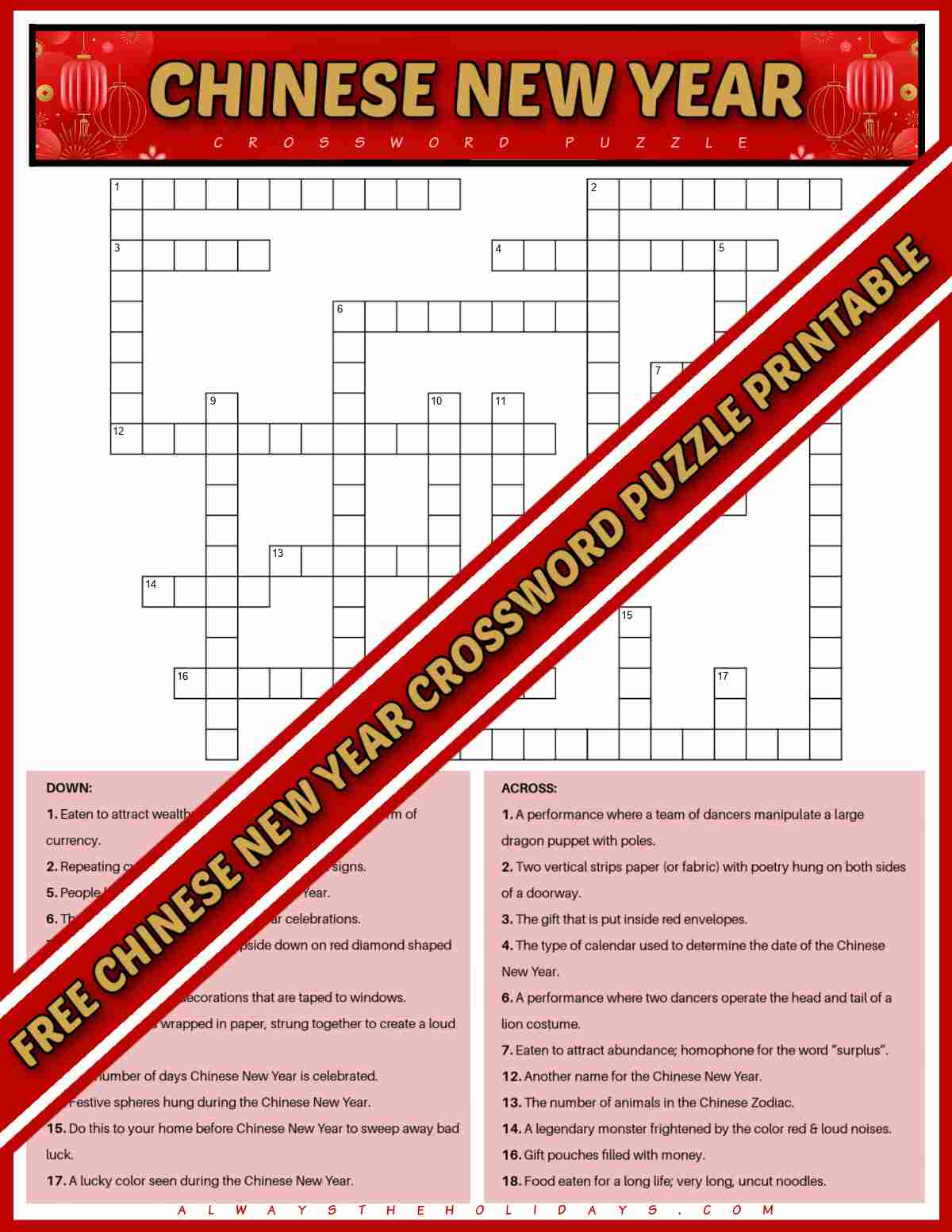 A free Lunar New Year crossword puzzle with a red rectangle diagonally across it with yellow text that reads Free Chinese New Year crossword puzzle printable.