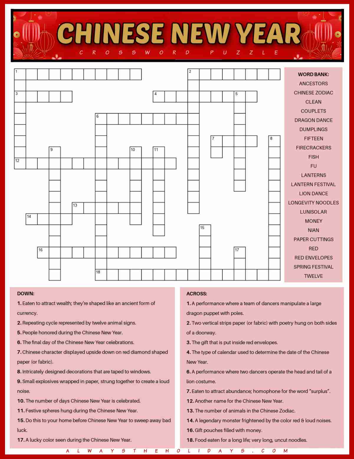A free Lunar New Year crossword puzzle with 22 clues at the bottom, the word puzzle in the center with a word bank to the right of it, and a red box at the top with a yellow text overlay in it that says Chinese New Year crossword puzzle.