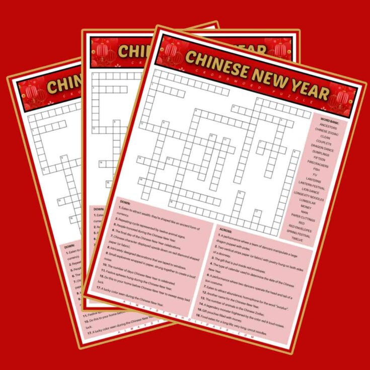 Three Lunar New Year printables fanned out on a red background, each one of which is a Chinese New Year crossword puzzle with a word bank.