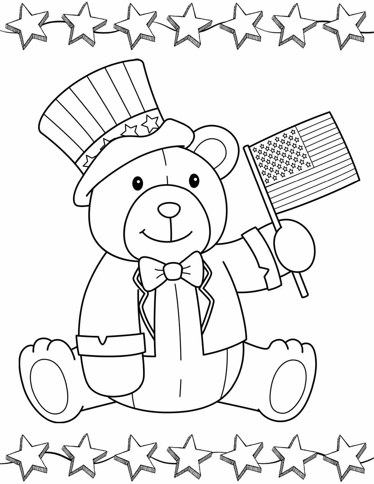 Get 20+ Free 4th of July Coloring Pages Printables A free flag coloring pages printable featuring a teddy bear dressed up for the 4th of July, holding a small flag, with a border of stars above and below him.