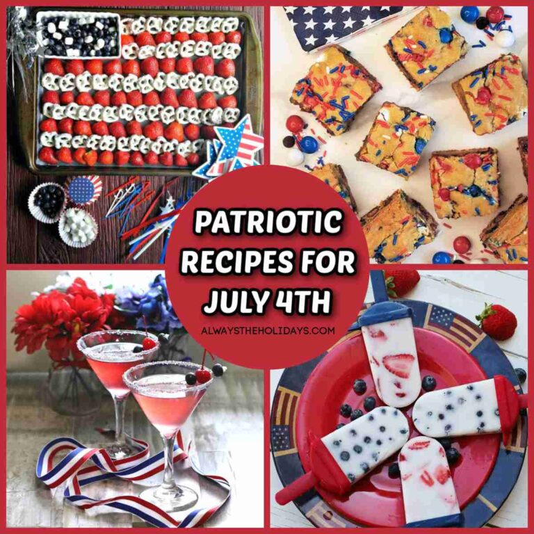 A square collage of 4 Independence Day recipes with a red circle in the center with white text on it that says patriotic recipes for July 4th.