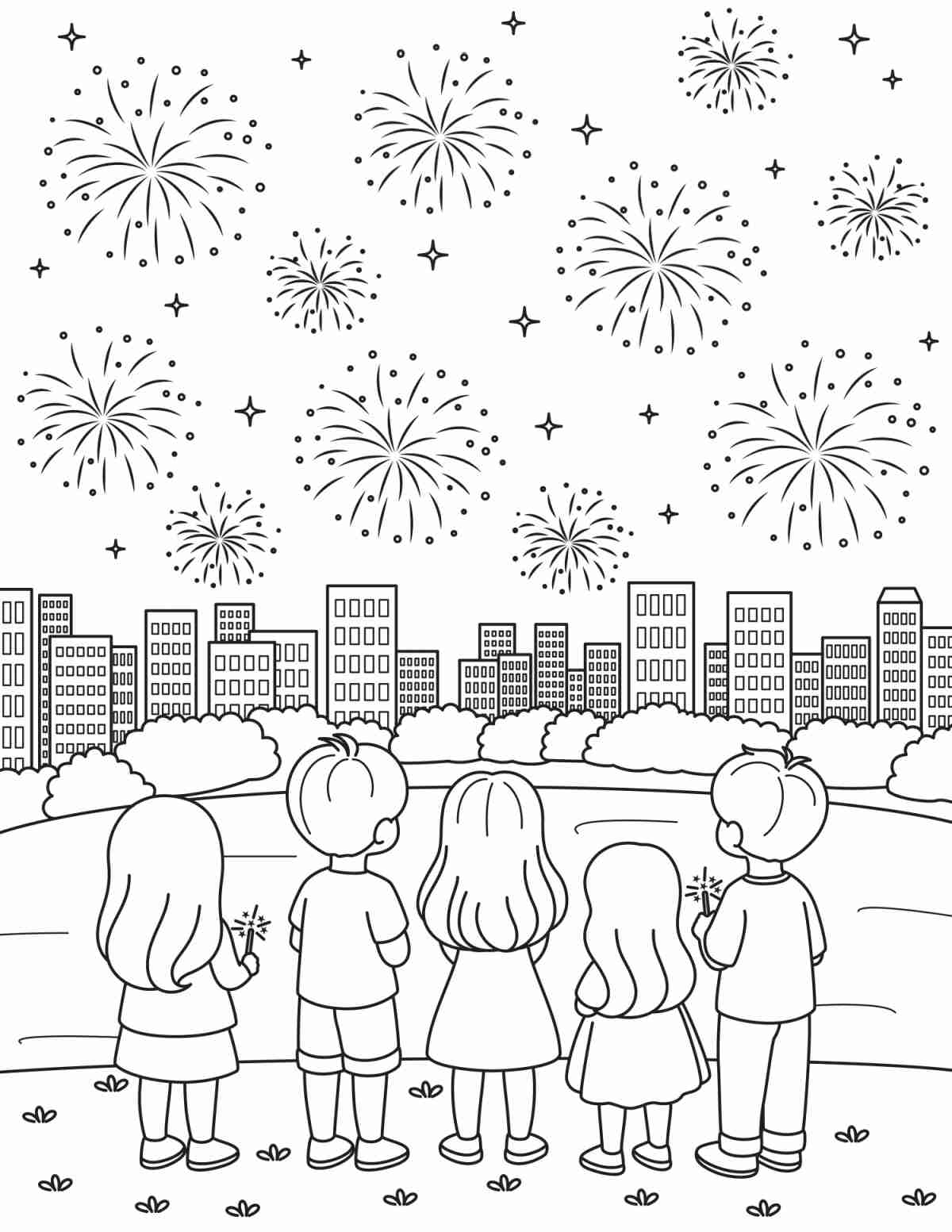 Get 20+ Free 4th of July Coloring Sheets A fireworks coloring pages printable that has five children watching fireworks explode over a city skyline.