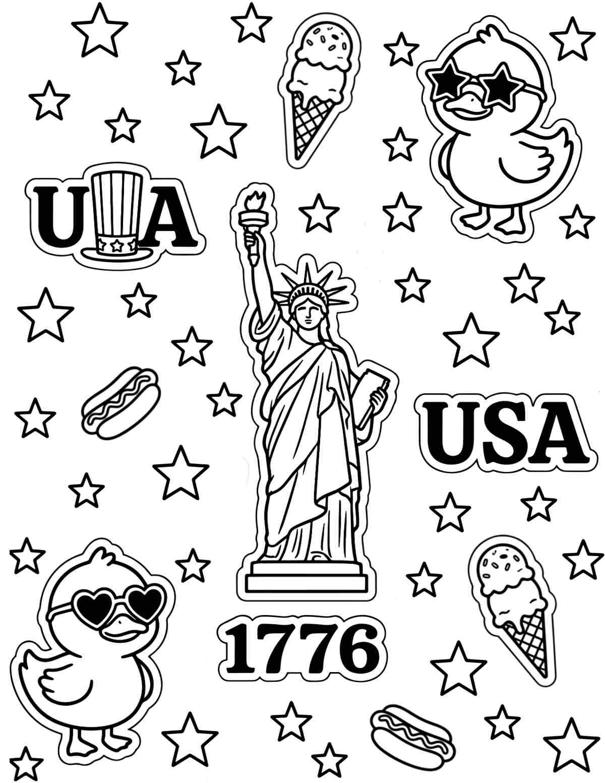 Get free USA Coloring Pages Printables A free USA coloring pages printable with the statue of liberty in the center, the letters USA, two ducks, hot dogs, ice cream and stars filling the image.