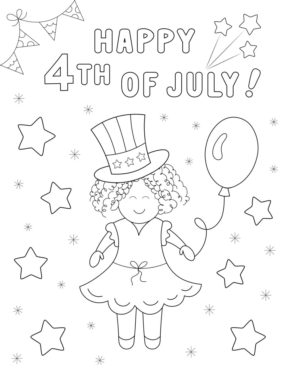 Get Happy 4th of July Coloring Pages Free A patriotic coloring pages free printable with a little girl holding a balloon surrounded by stars with text that says Happy 4th of July at the top.