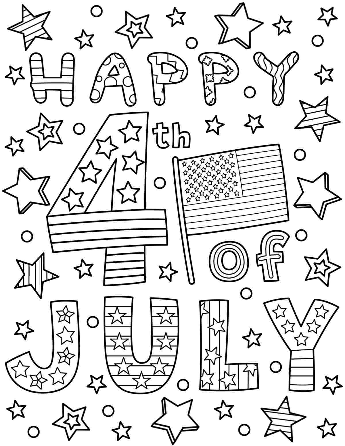 Get Happy July 4th Coloring Pages Printables A free 4th of July coloring sheets printable that says happy 4th of July in block letters, with various stars and a flag around the text.