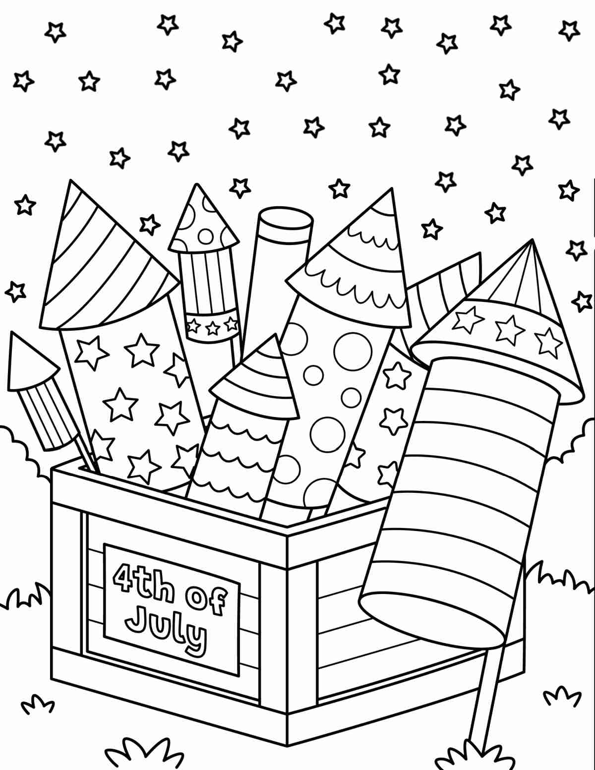 Get Free Fireworks Coloring Pages A July 4th coloring sheets free printable that features a box of fireworks that say 4th of July on the box, sitting a on a hill with stars in the sky.