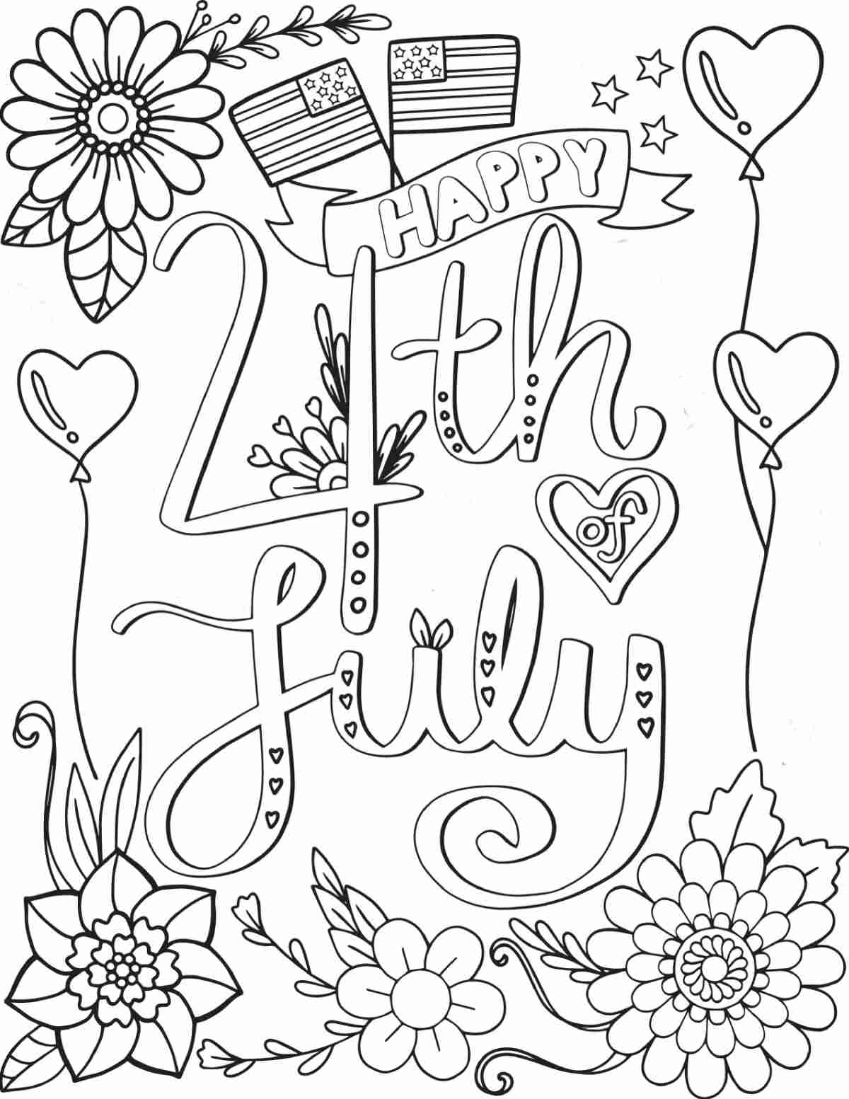 Get Free Printable 4th of July Coloring Pages A printable 4th of July coloring pages free image that says Happy 4th July in the center, and has hearts, flowers and flags around it.