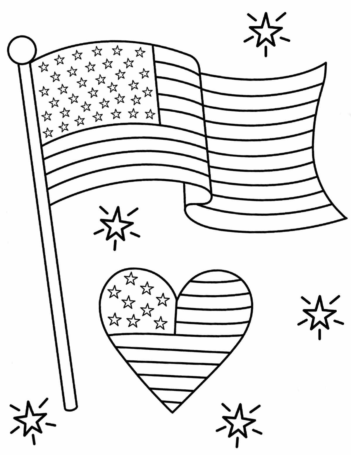 Get Free Flag Coloring Pages Printables A flag coloring page printable that has one big flag, with a heart that has a flag design on it, surrounded by little stars.