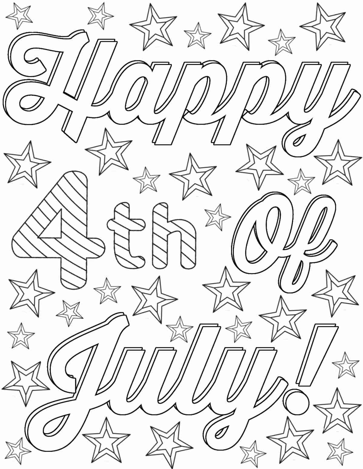 Get Happy Fourth of July Coloring Pages Printables A happy 4th of July coloring pages printable with cursive lettering saying Happy 4th of July, and the 4th lettering is striped, with stars all around the text.