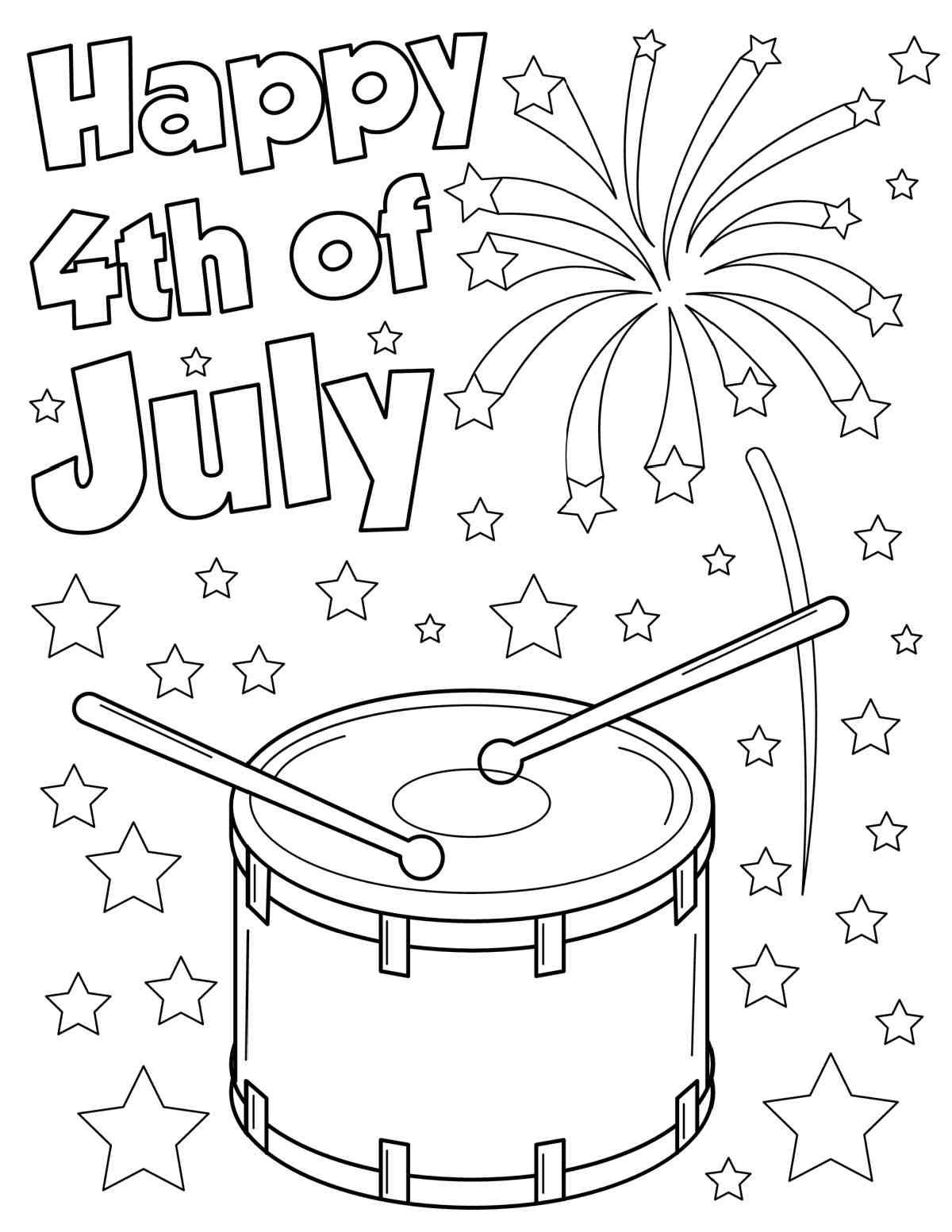 Get Printable Patriotic Coloring Pages Free A happy Fourth of July coloring pages printable that says Happy 4th of July in block lettering the top left, with a firework in the top right, and a drum and drumsticks beneath them.