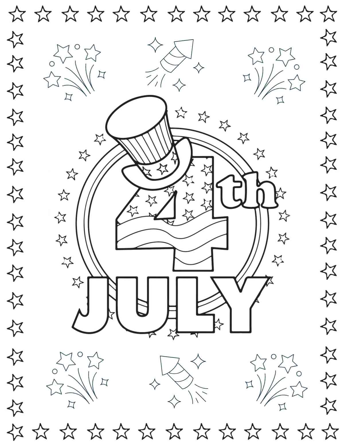 Get 20+ Free Fourth of July Coloring Sheets A free Fourth of July coloring pages printable that has a border of stars, with bubble letters that say July 4th with a top hat on them in the center, all surrounded by two circles, a circle of stars and fireworks.