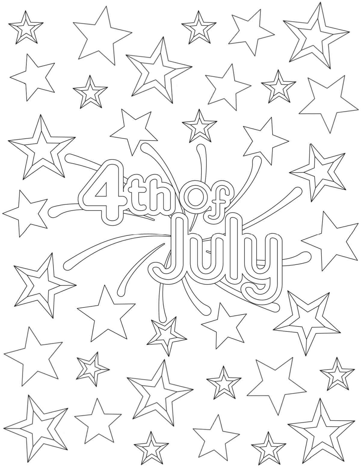 July Fourth Coloring Pages A free 4th of July coloring pages image that says 4th of July in the center, and the text is surrounded by a sunburst, with extra stars all around it.