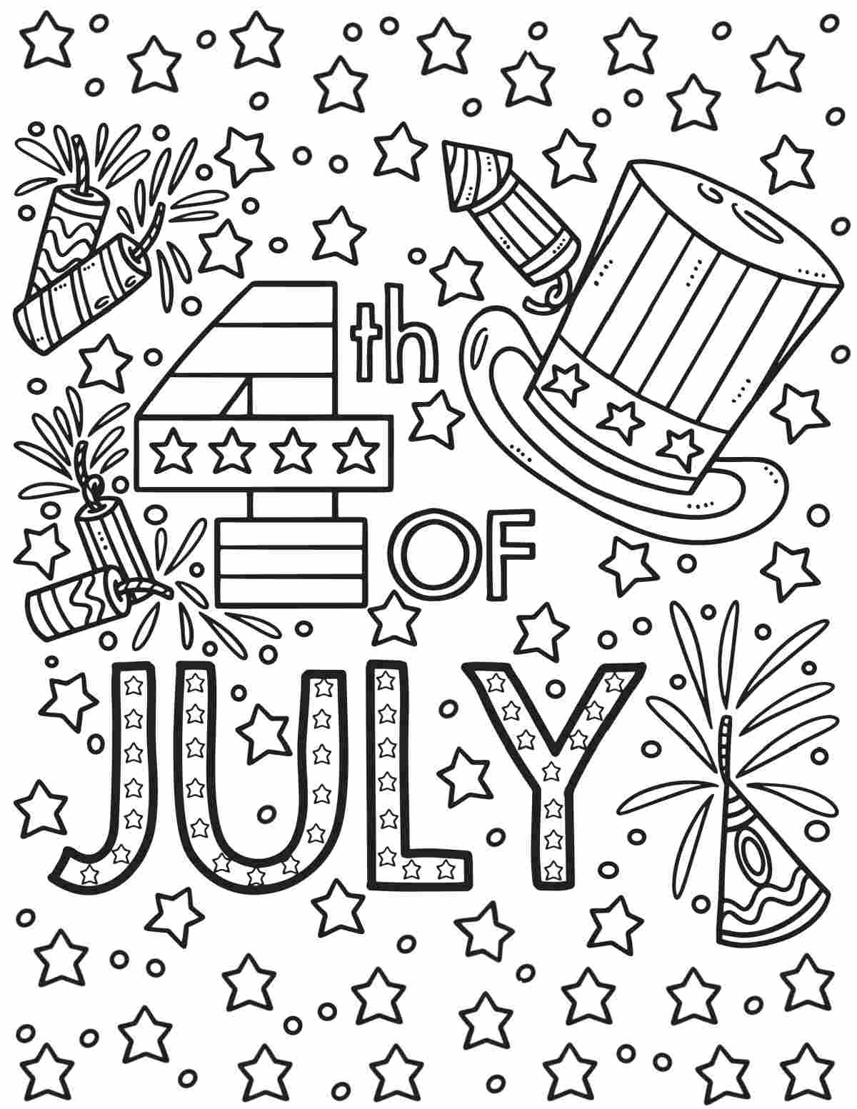 Get Independence Day Coloring Sheets A free 4th of July coloring sheets printable that is filled with stars, and has 4th of July in the center, with fireworks and a top hat near the lettering.